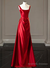 Burgundy Satin Straps Pleats Prom Dress